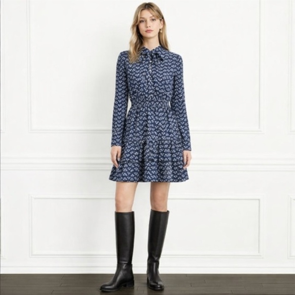 Hill House Home Talia Dress XS Navy Floral Tie Neck Long Sleeve Ruffle Mini